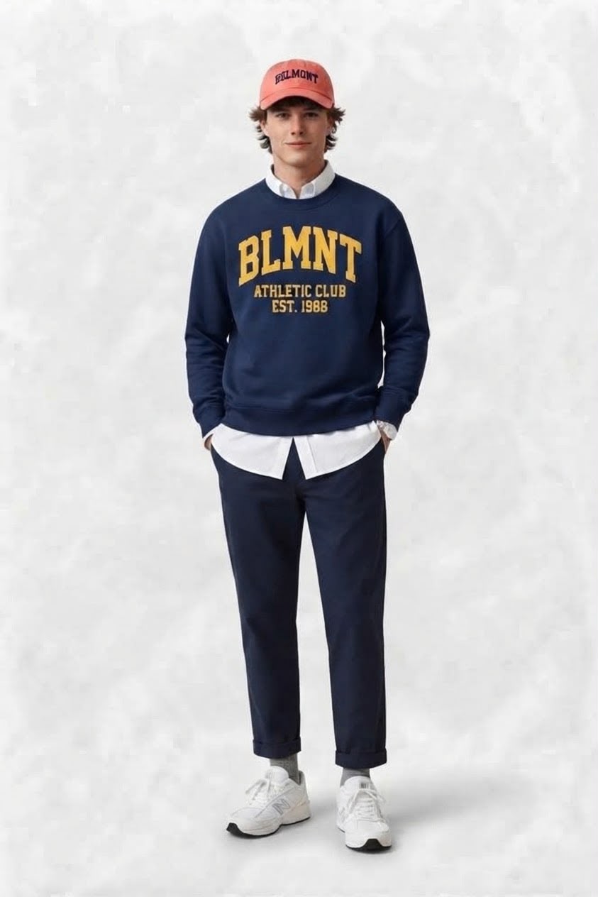 Look Belmont: sudadera BLMNT Athletic Club marino con gorra coral