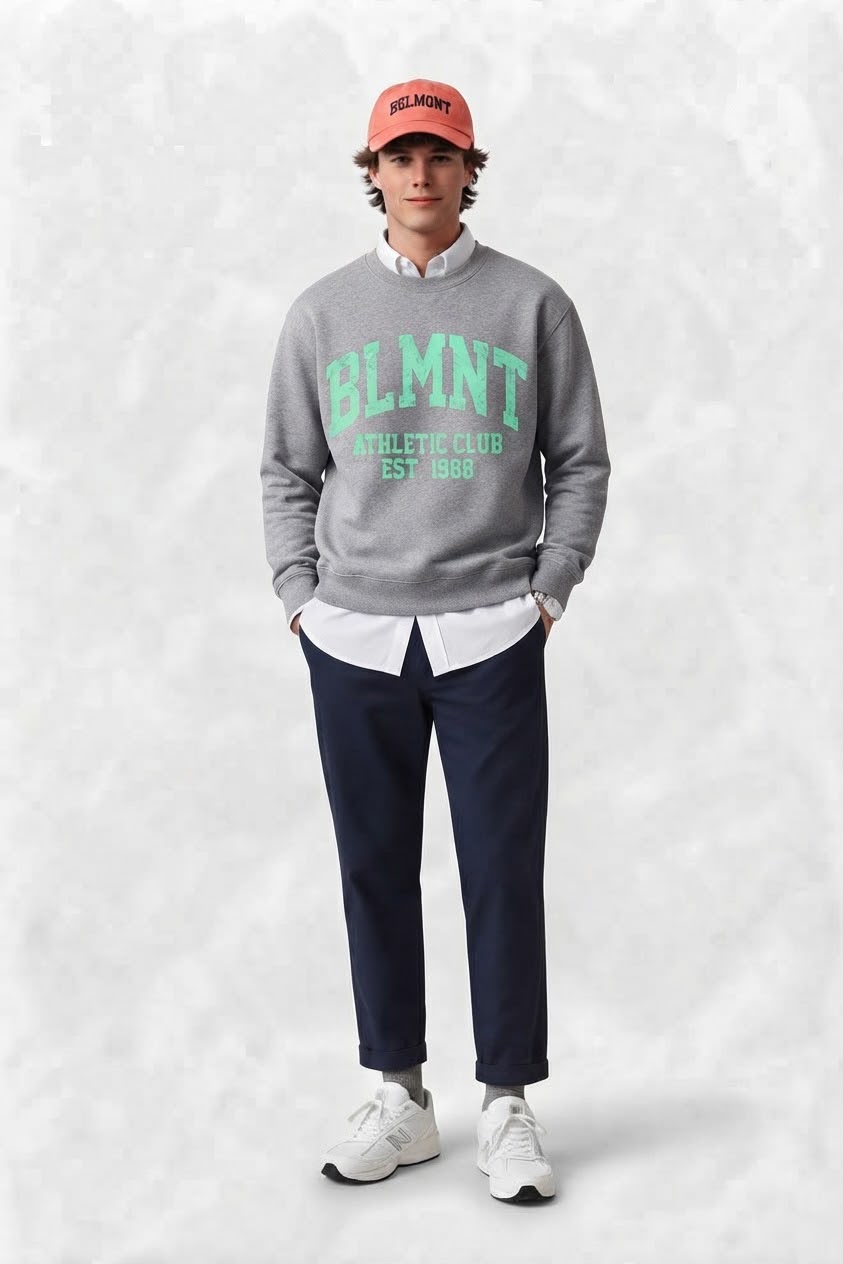 Look Belmont: sudadera BLMNT gris jaspeado con detalle menta y gorra coral