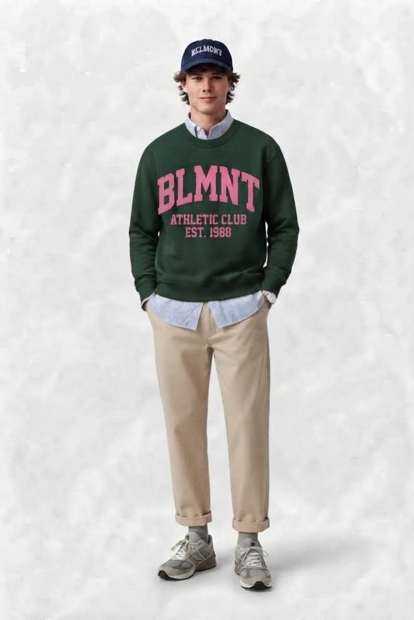 Look Belmont: sudadera verde bosque con chino beige y gorra marino