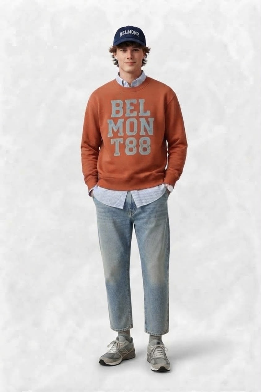 Look Belmont: sudadera Belmont 88 color teja con vaquero y gorra marino