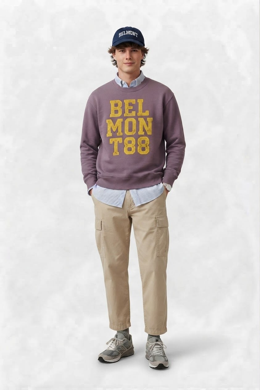 Look Belmont: sudadera Belmont 88 malva con gorra marino y cargo arena