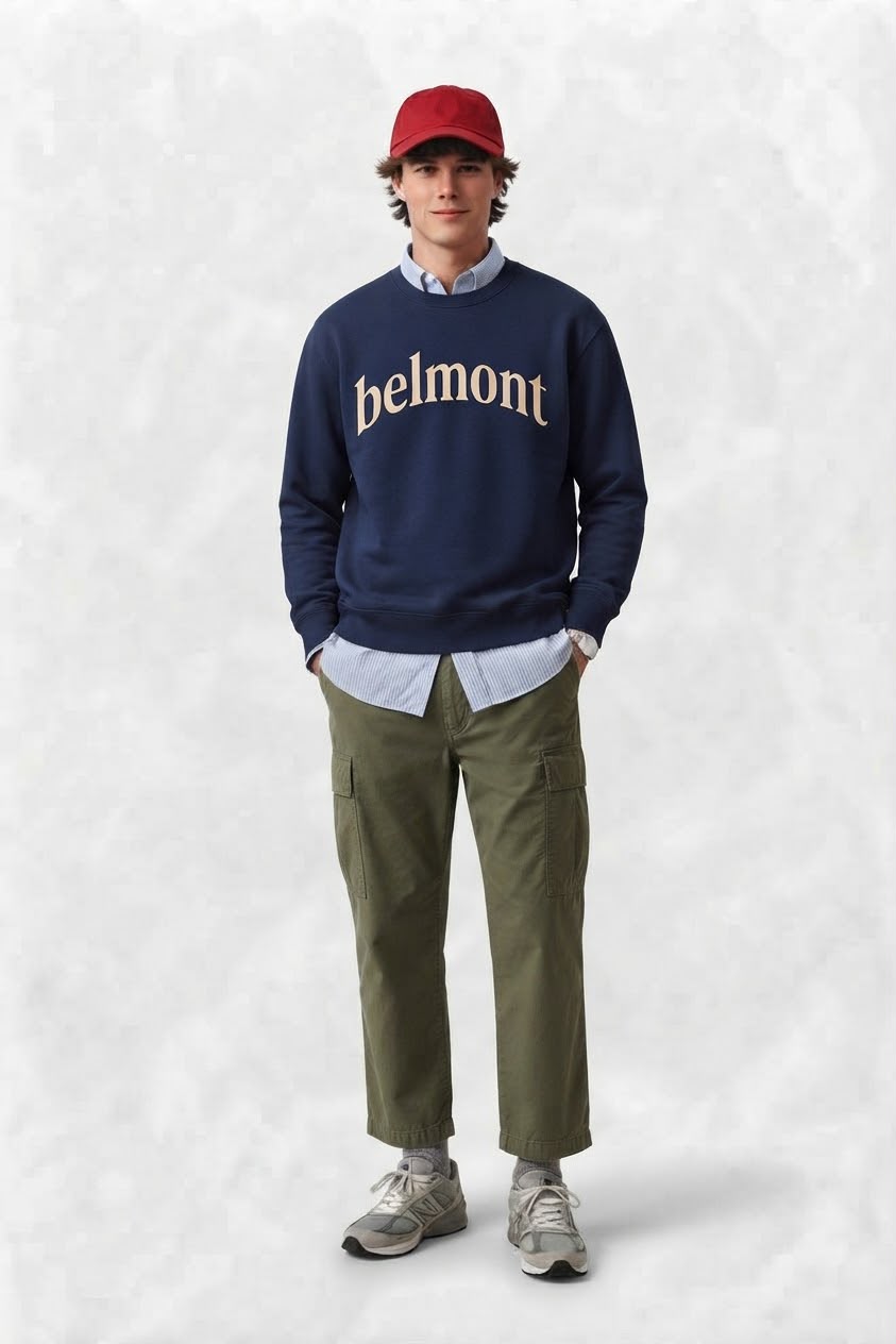 Look Belmont: sudadera marino con letra belmont crema, gorra roja y cargo verde oliva