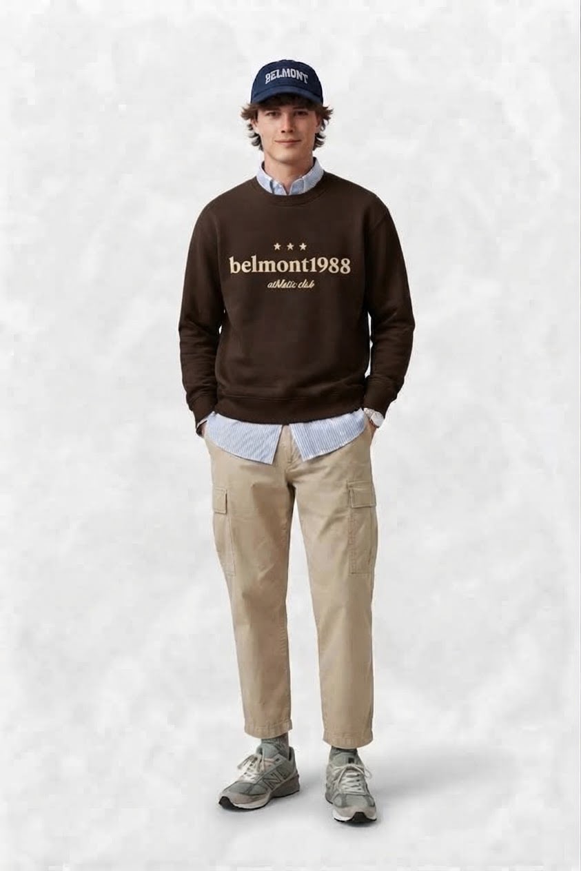 Look Belmont: sudadera marron chocolate belmont1988 Athletic Club, gorra marino y cargo arena