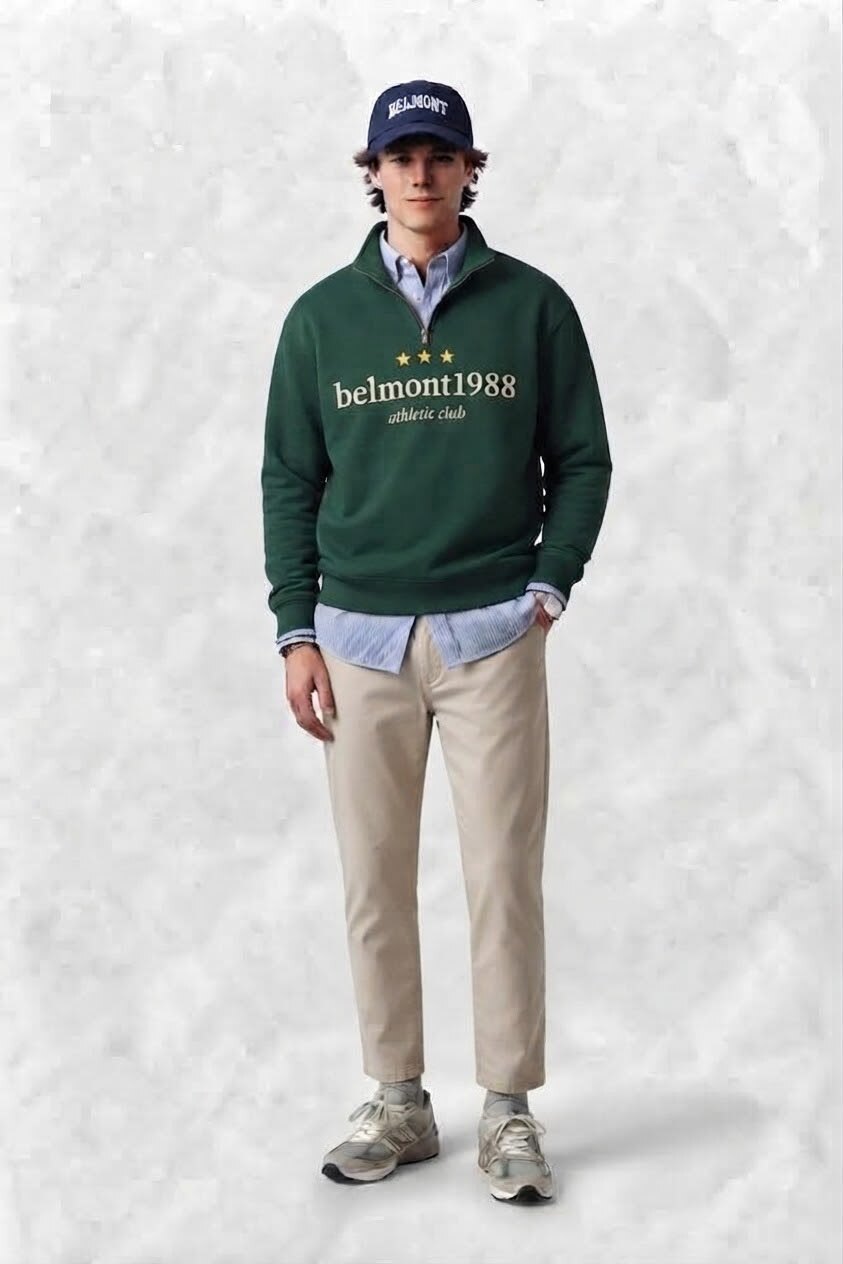 Look Belmont: sudadera verde media cremallera belmont1988 con camisa celeste y chino beige