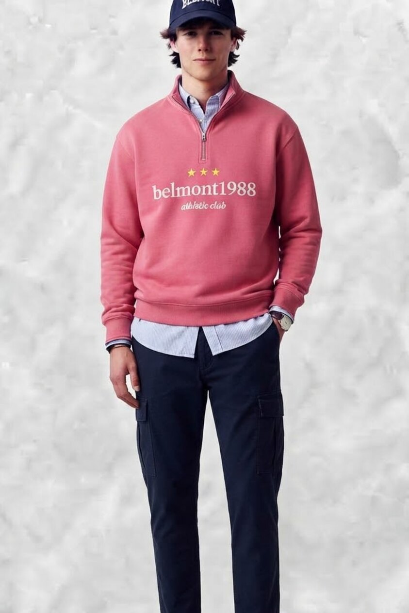 Look Belmont: sudadera rosa media cremallera belmont1988 con camisa celeste y cargo marino